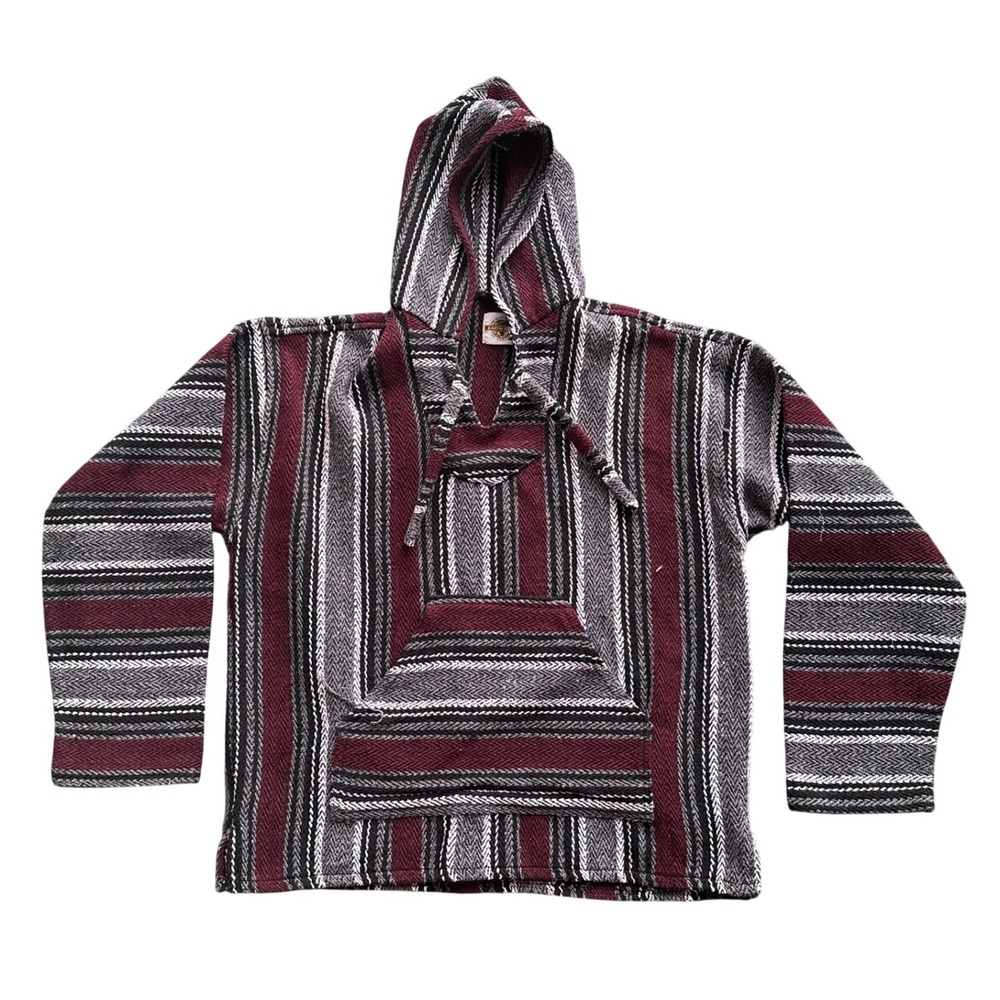 Earth Ragz Mens Baja Hoodie Pullover Burgundy Grey Striped XL Made in Mexico